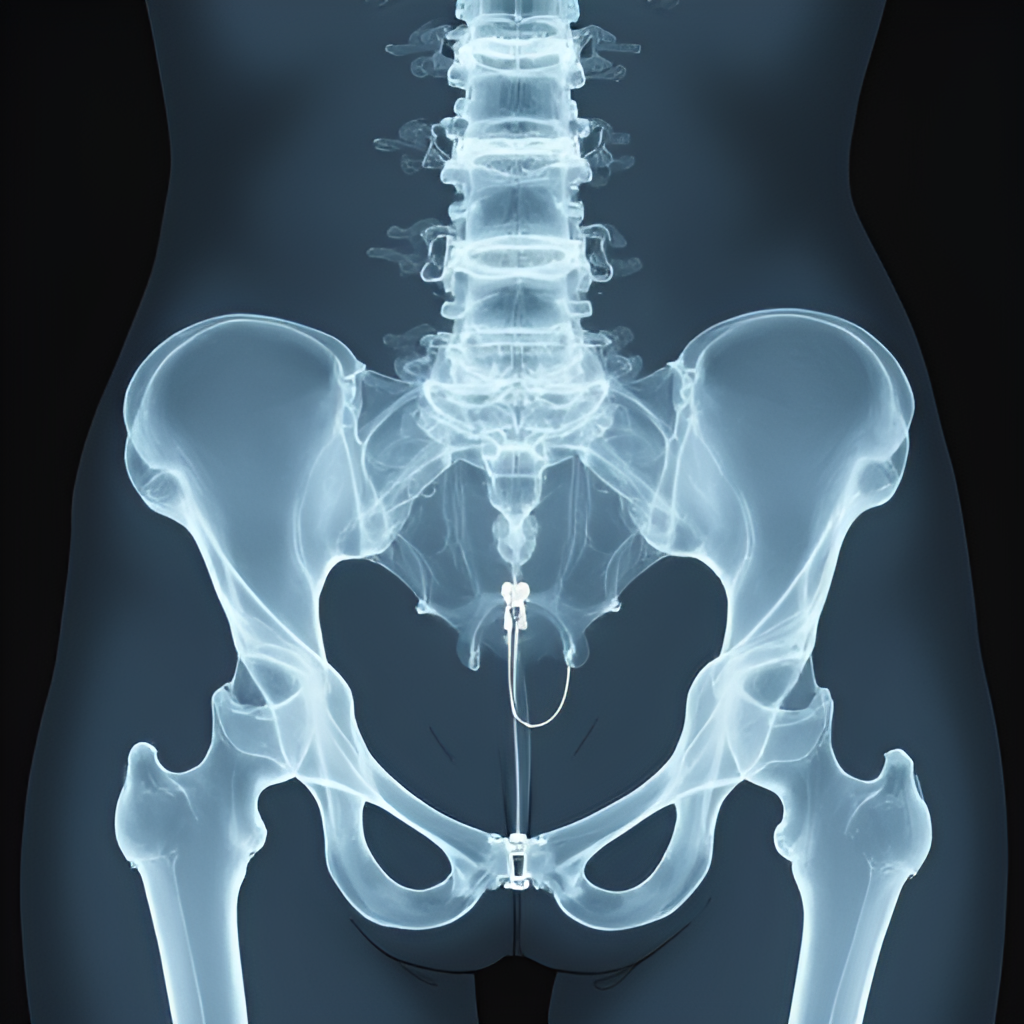 A stylized illustration resembling an X-ray of a human pelvis, featuring subtle outlines of a belt buckle, zipper, and an IUD within, reflecting the theme of Lorde's 'Virgin' album cover art.