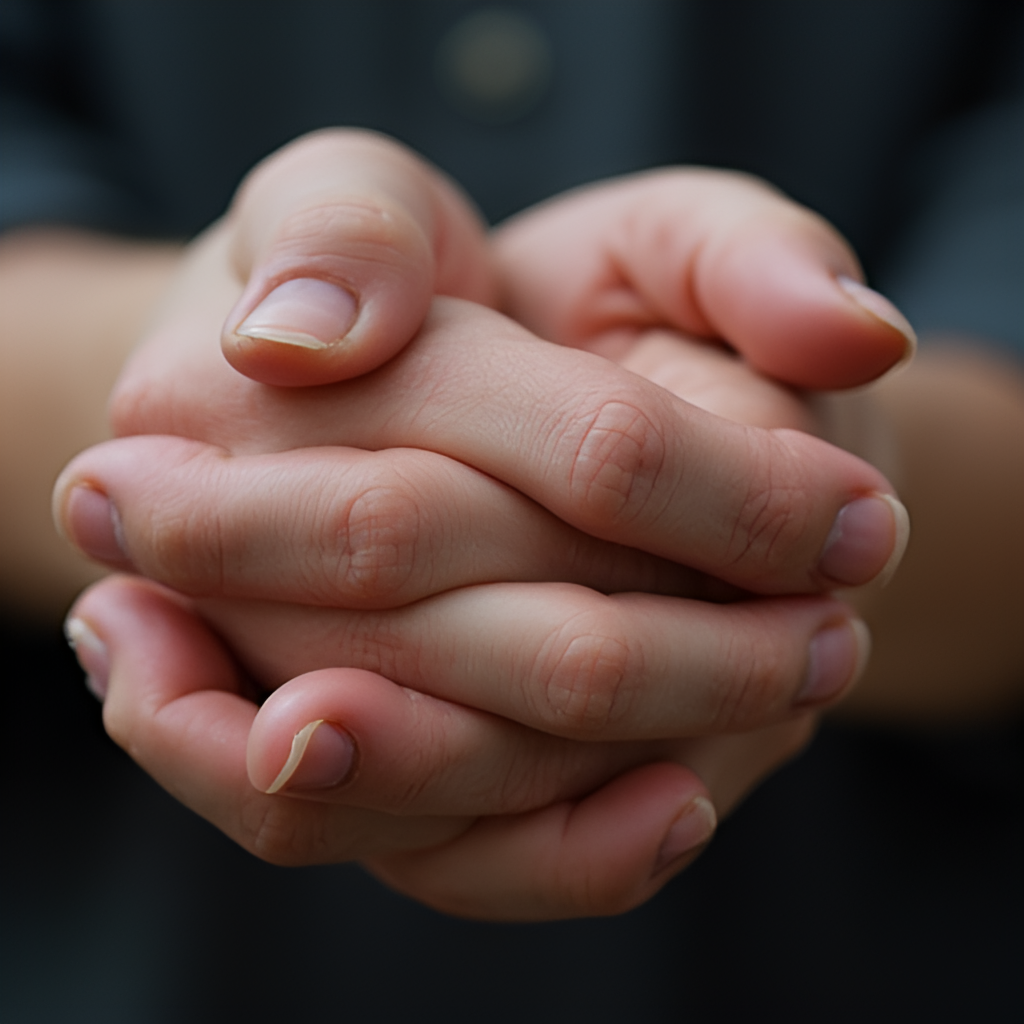 A close-up image of hands clasped together, symbolising community support and solidarity during a difficult time for a family of a missing person.