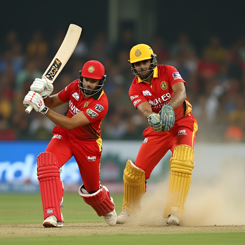 A dynamic action shot of Virat Kohli batting, with MS Dhoni wicketkeeping in the background, capturing the essence of their on-field rivalry during an RCB vs CSK match