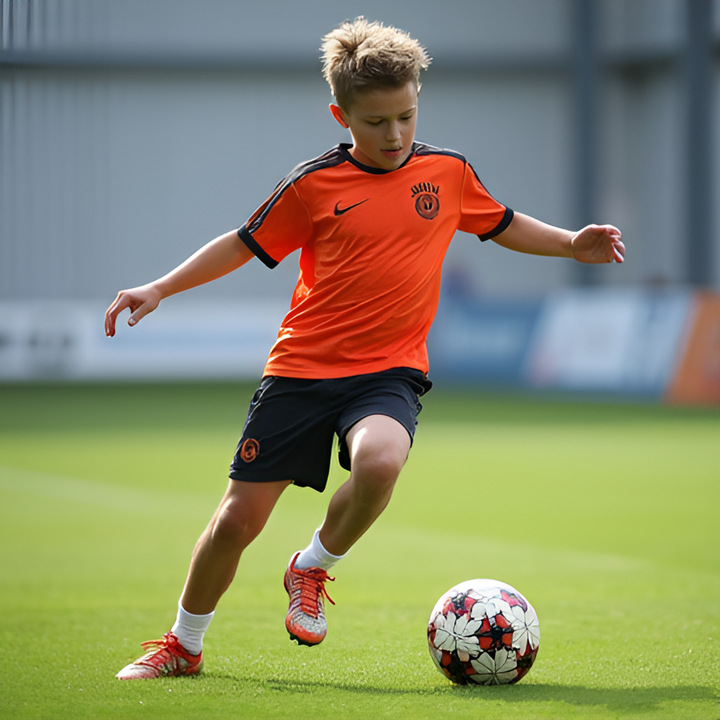 A young footballer training at a modern youth academy facility in Germany, demonstrating dedication and skill development