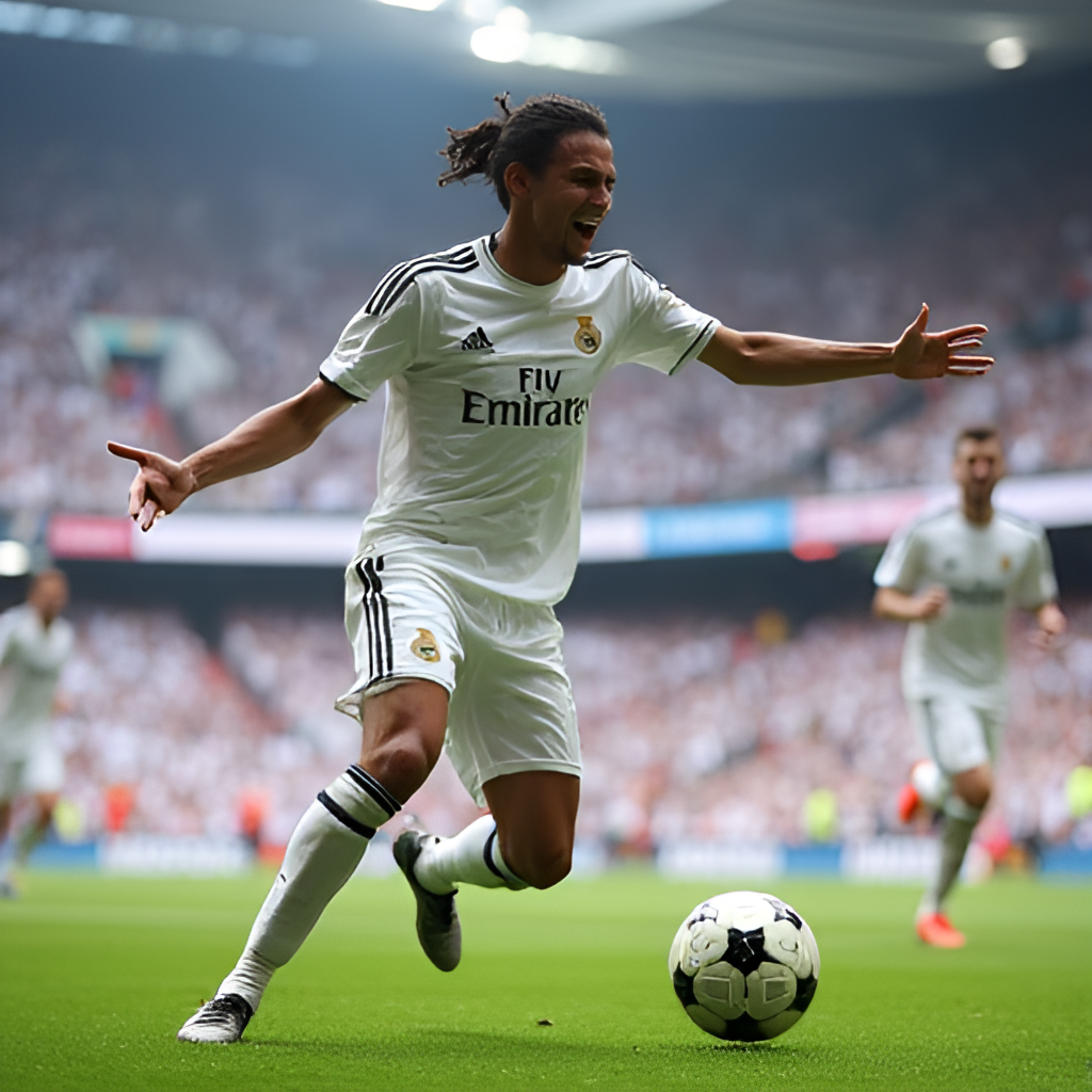 A dynamic action shot of a current Real Madrid player, like Vinícius Júnior or Jude Bellingham, celebrating a goal in the Santiago Bernabéu Stadium, surrounded by cheering fans in white