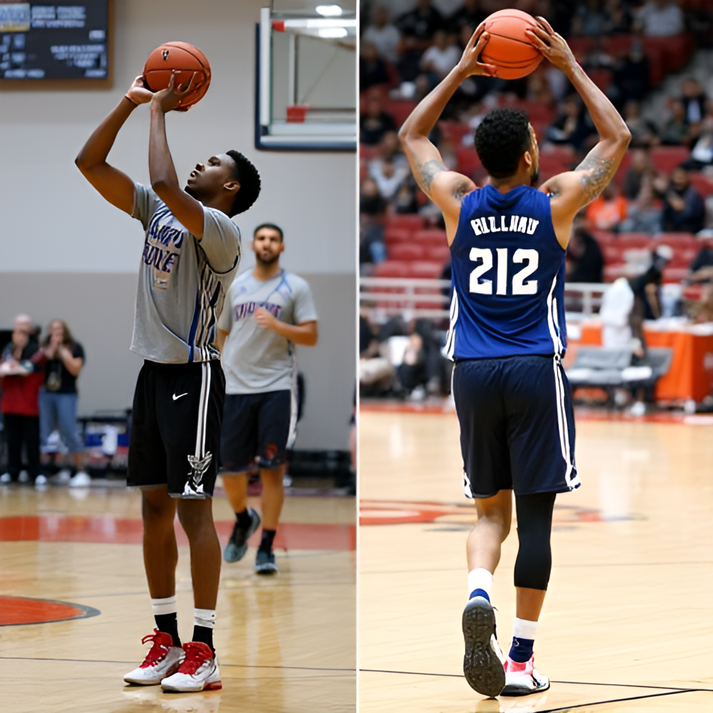 A split image or collage showing Amen Thompson working on his jump shot in a practice setting on one side, and a graphic displaying his OTE stats or rookie season stats on the other side, emphasizing his development areas.