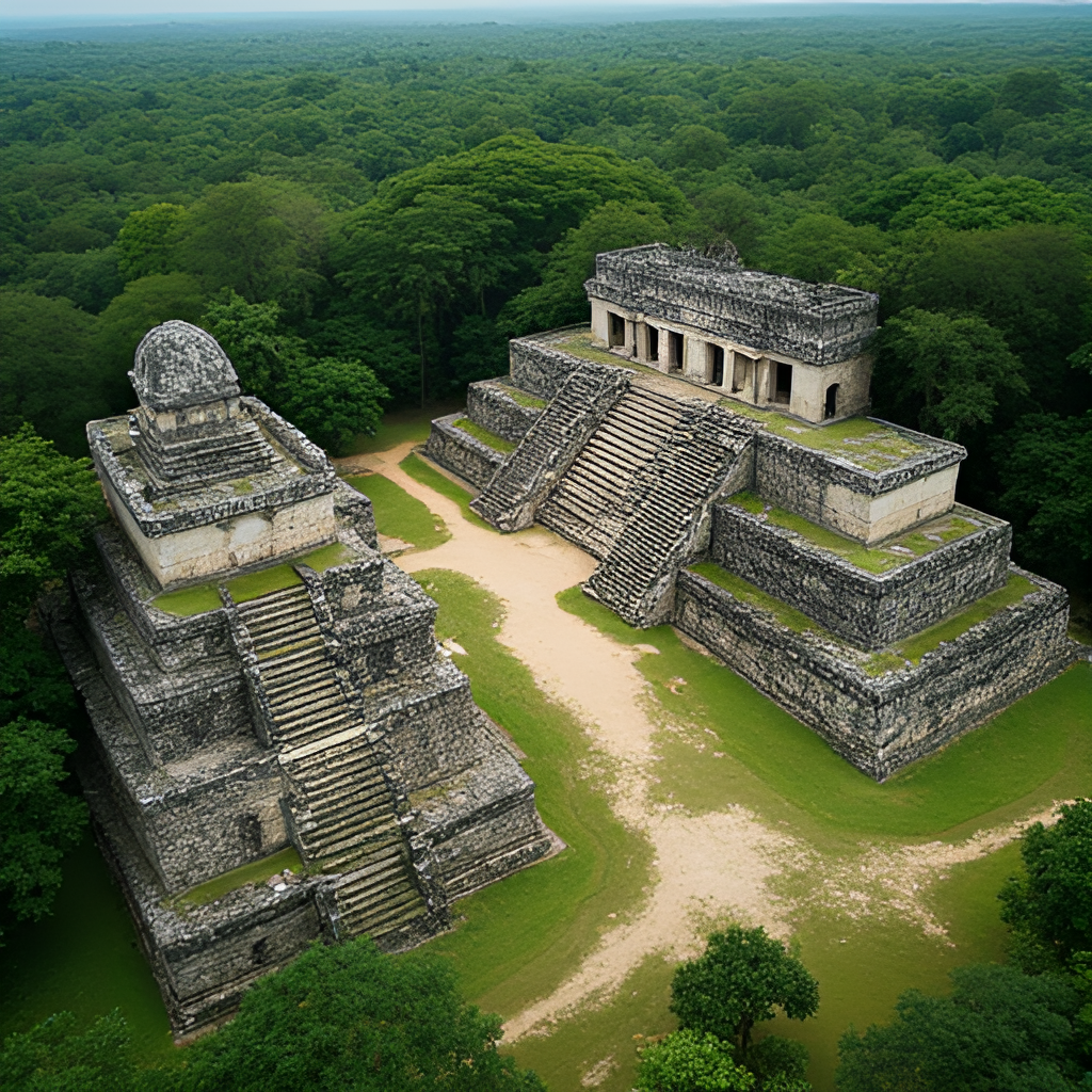 An aerial view of the ancient Mayan ruins at Copán, showcasing the intricate stelae and structures surrounded by lush green jungle.