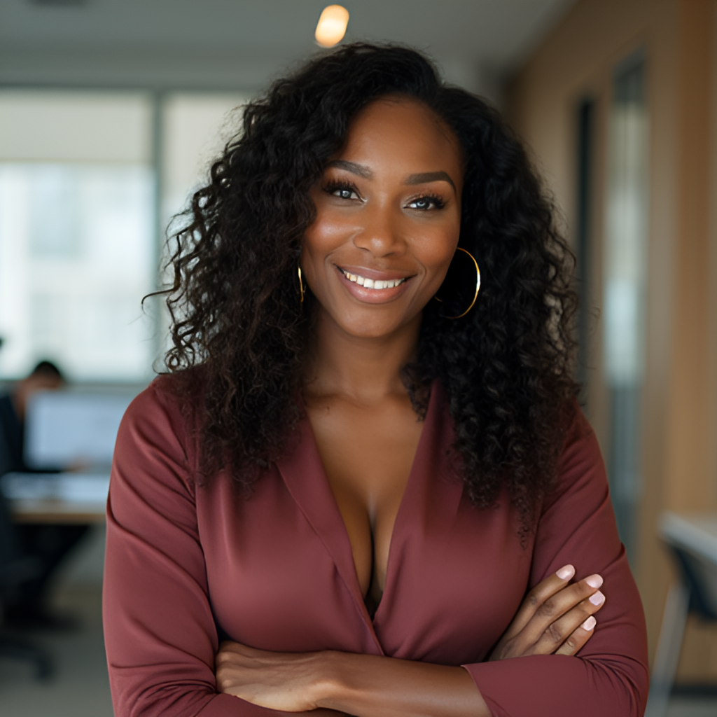 A portrait of Serena Williams looking confident and poised in a business setting, perhaps in an office or at a speaking engagement, representing her successful ventures off the court.