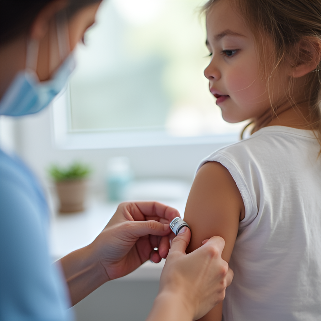 A healthcare professional administering the MMR vaccine to a child's upper arm in a clean, well-lit clinic setting.