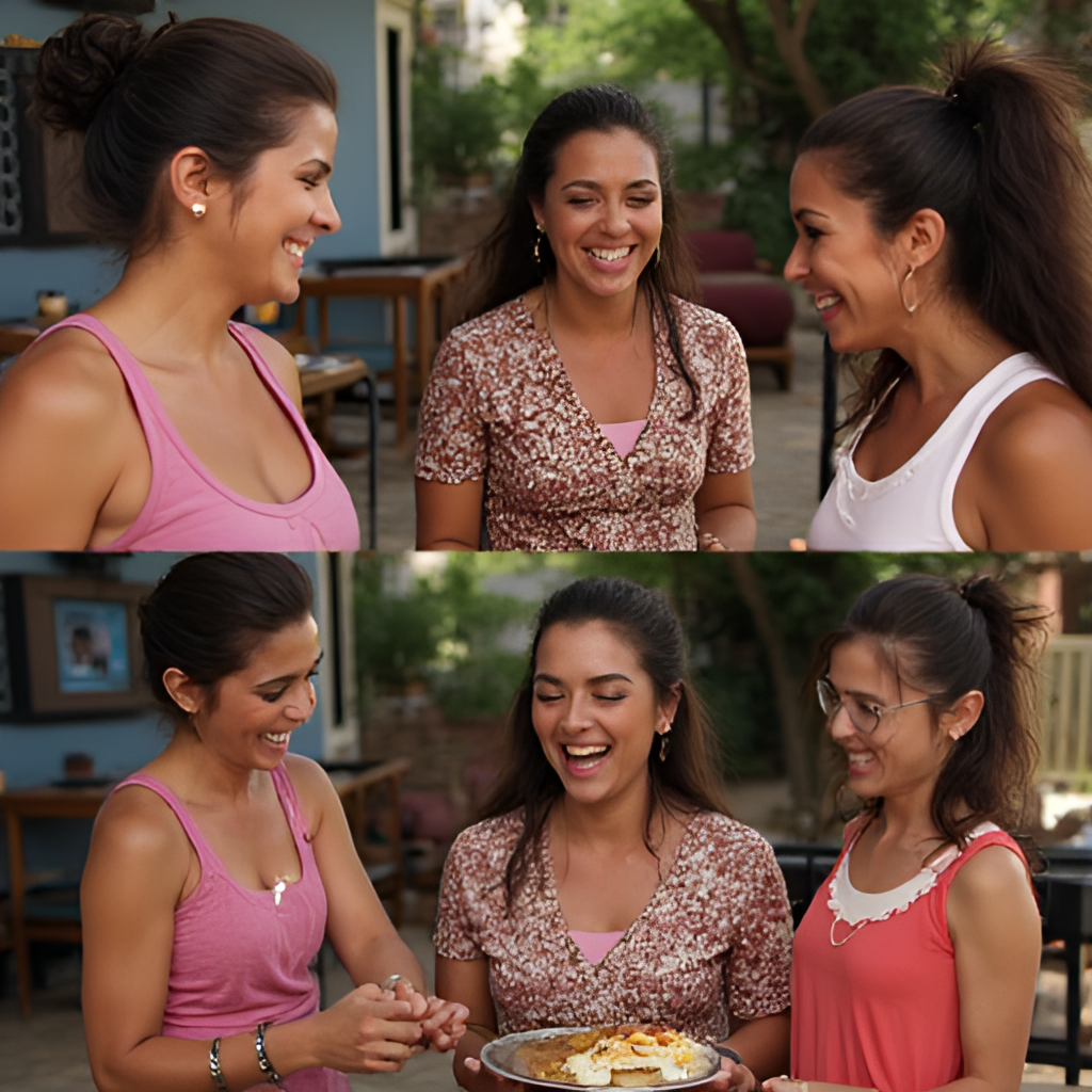 A split image or collage showing scenes from the Tina from Turners TV commercials, capturing her energetic personality and interactions, perhaps with a split showing Sieni Leo'o Olo in a different setting, like a stage for comedy.