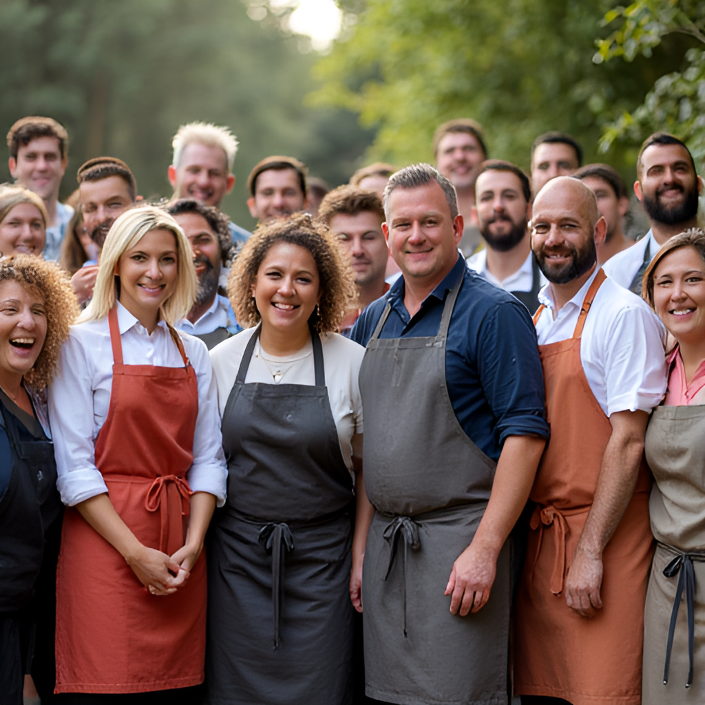 A diverse group of smiling returning MasterChef Australia contestants from various seasons standing together, some holding cooking utensils, in a vibrant and energetic pose, natural lighting