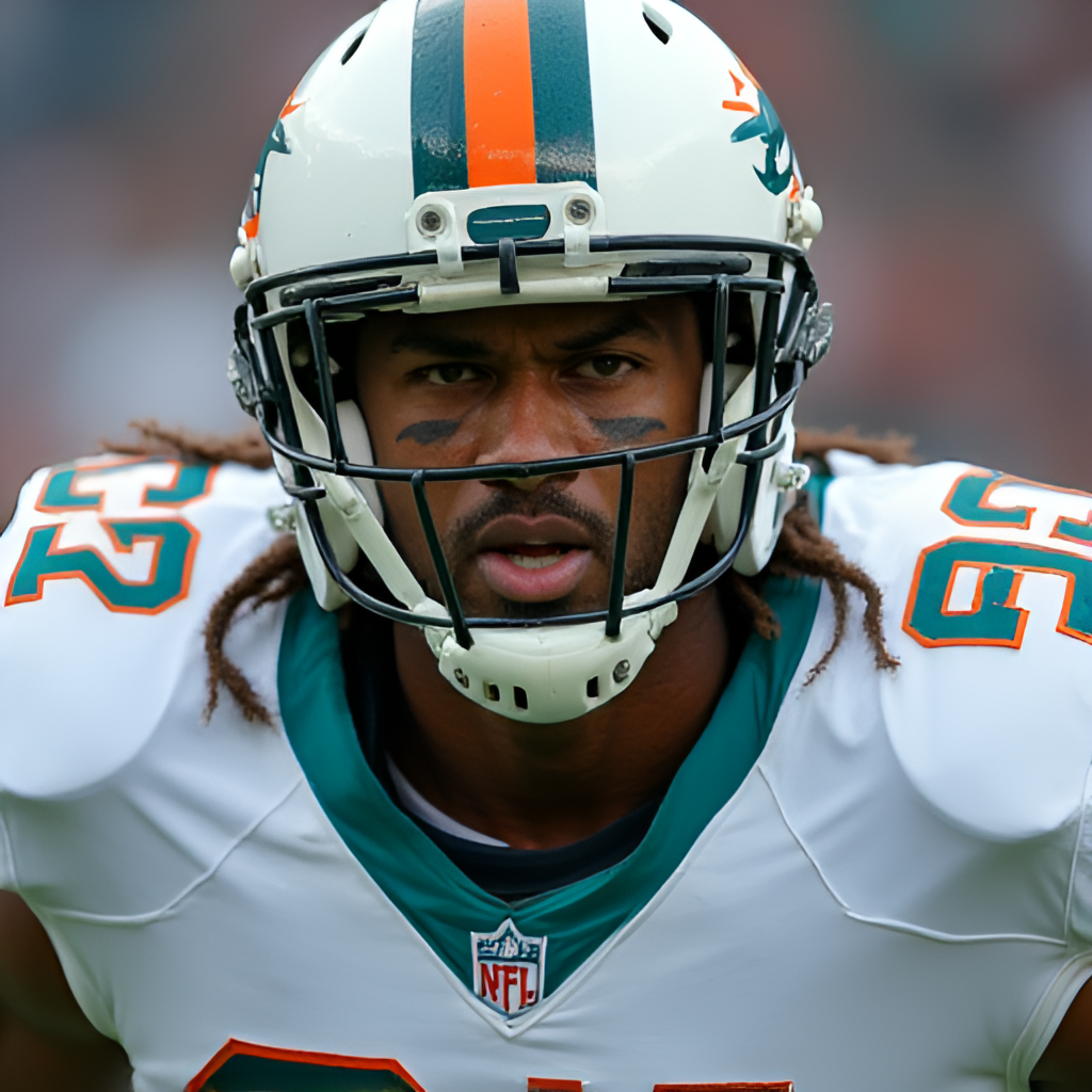 A close-up, intense portrait of a key player from either the Dolphins or Warriors, showcasing their focus and determination on the field.