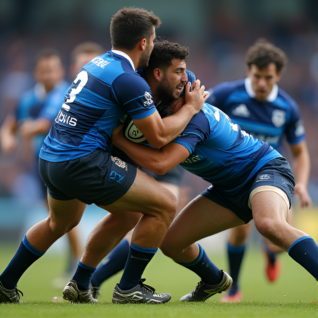 A close-up, intense shot of a breakdown or tackle during a rugby match between the Blues and Moana Pasifika, focusing on the physicality and determination of the players competing for the ball