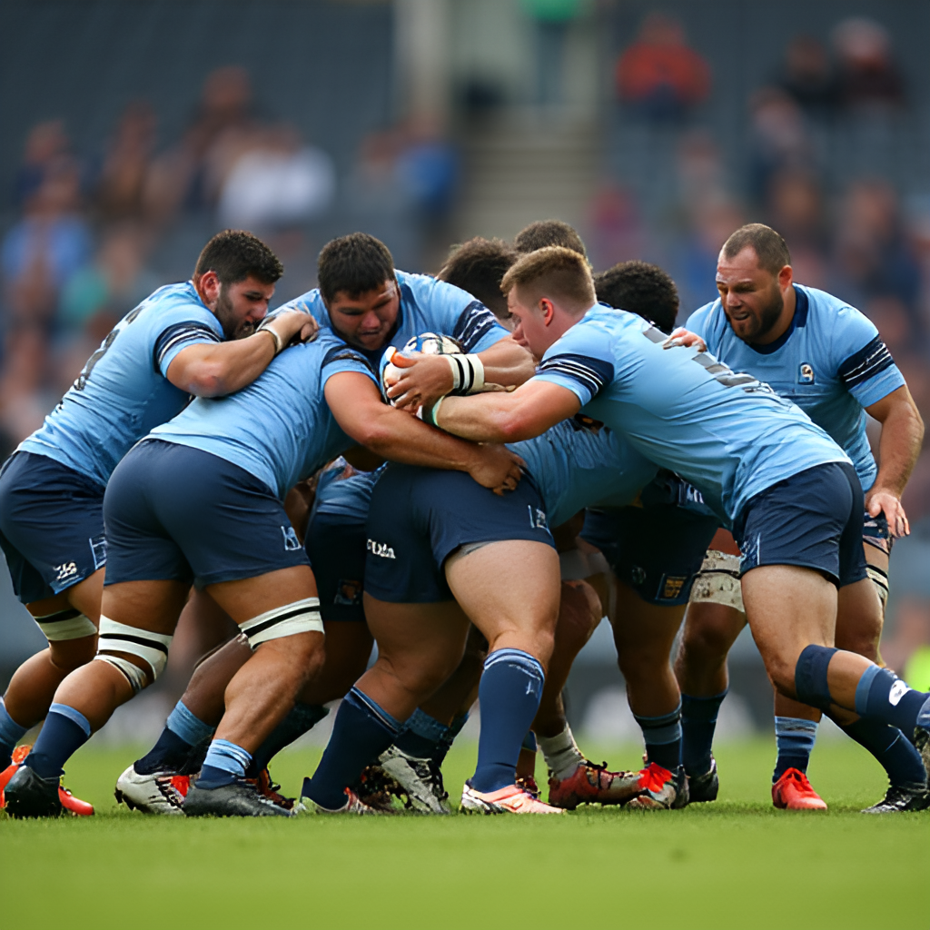A photograph showing the Western Force forward pack in a dominant scrum against the Fijian Drua.