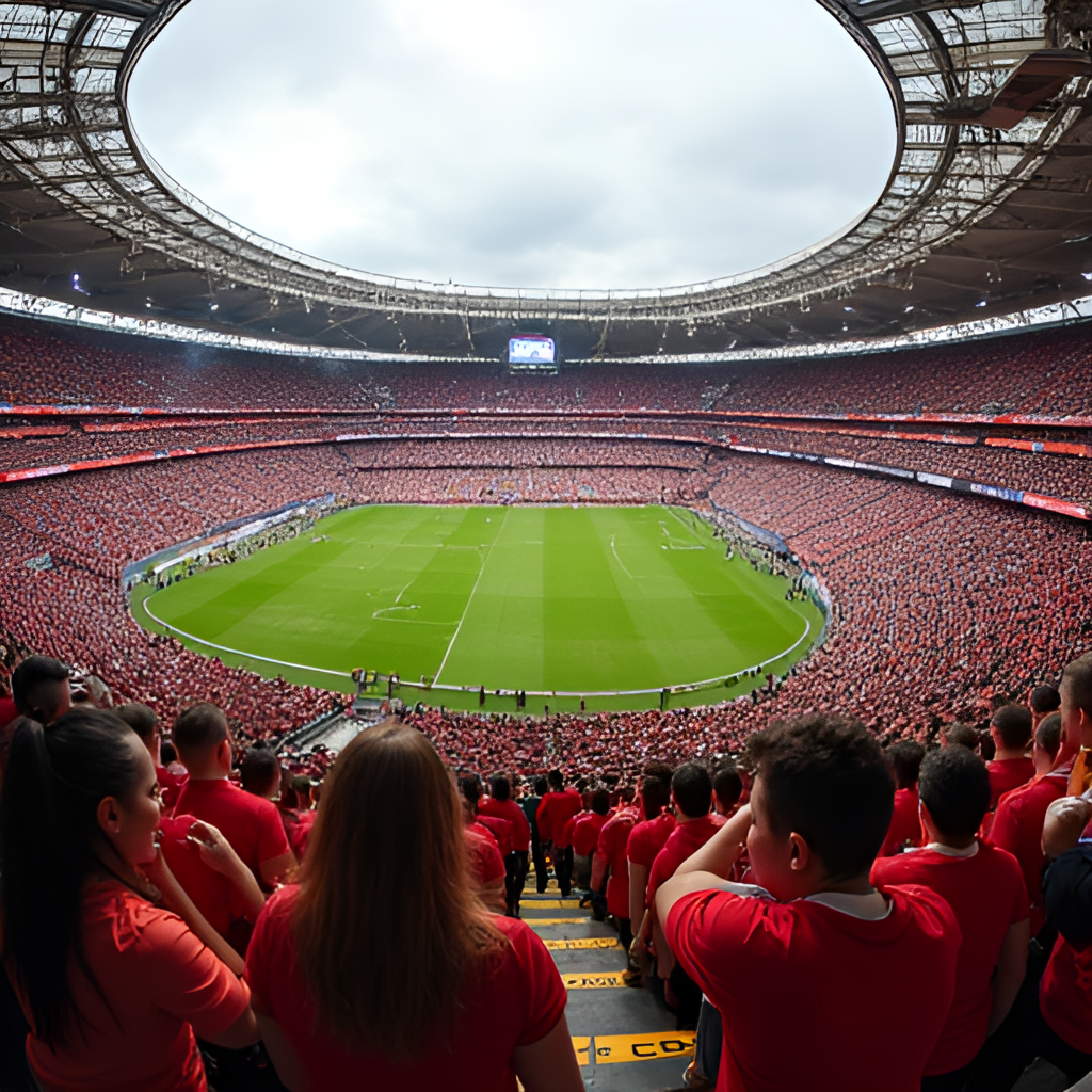 A wide shot of a packed Suncorp Stadium or WIN Stadium, with a clear divide between the maroon and gold of the Broncos fans and the red and white of the Dragons fans, showcasing the passionate atmosphere of the rivalry