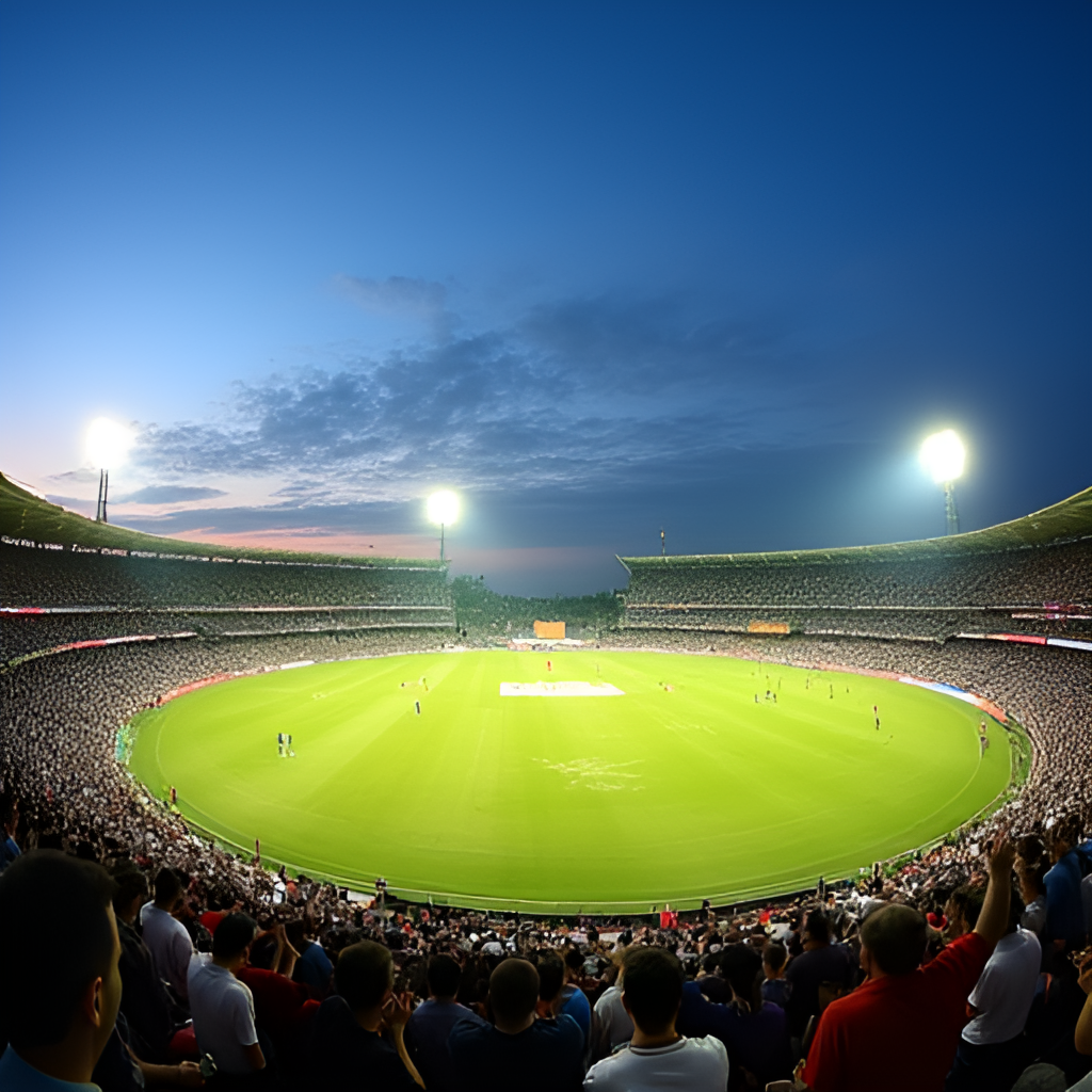 A wide-angle view of a packed cricket stadium during an evening match, with vibrant crowd cheering and floodlights illuminating the field where batsmen and bowlers are in action, capturing the atmosphere of an IPL clash