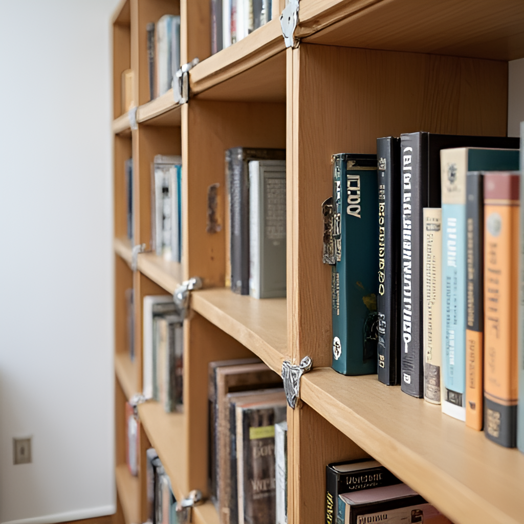 Close-up photo showing a bookshelf secured to a wall with anti-tip straps, with items on the shelves secured with museum putty, illustrating 'quake-safe' home measures.
