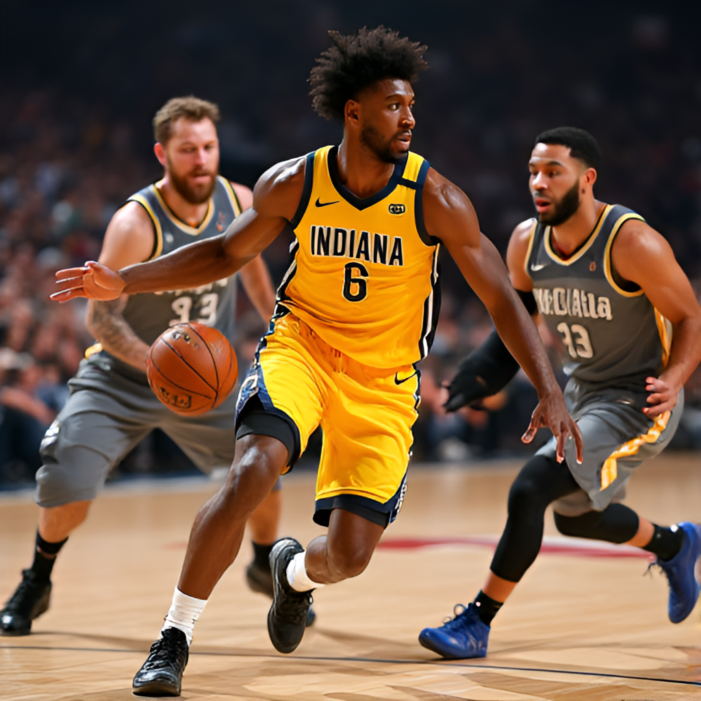 A powerful action shot of Pascal Siakam driving to the basket in an Indiana Pacers uniform, surrounded by defenders, showcasing his signature spin move.