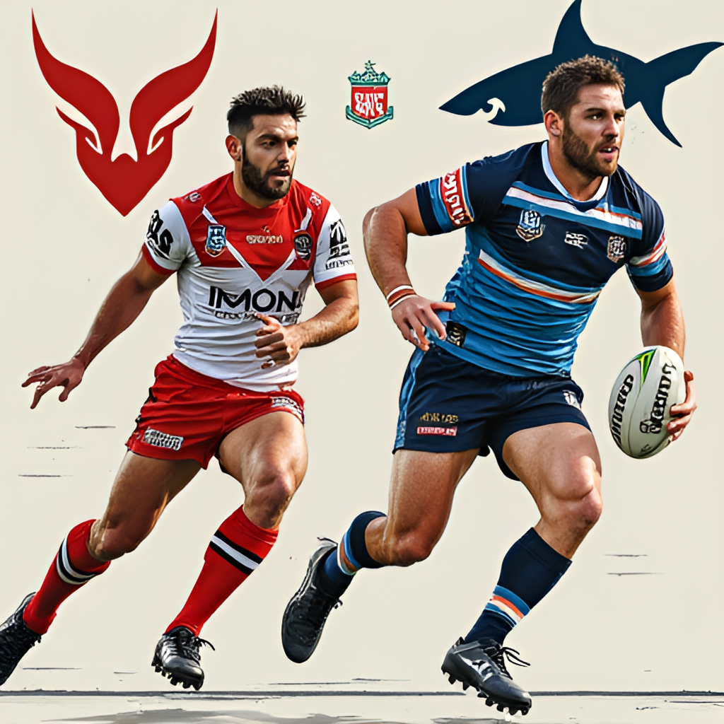 An illustrative graphic or photo montage depicting key players from both the Roosters and Sharks teams with their club logos, highlighting individual talent within the rivalry context.