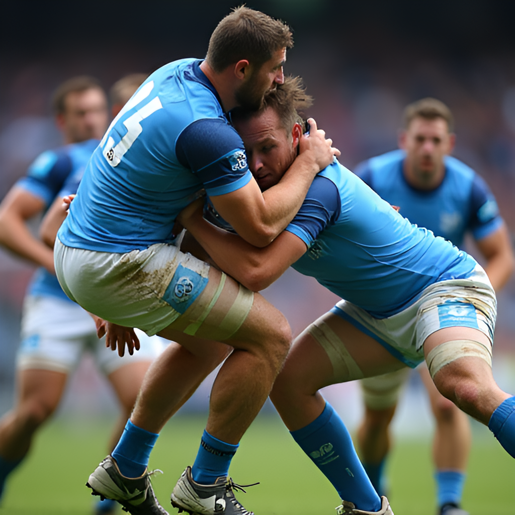 A dynamic, low-angle shot of a rugby tackle during a match between the Western Force (wearing blue) and the NSW Waratahs (wearing sky blue), showing intense physical contact and determined expressions