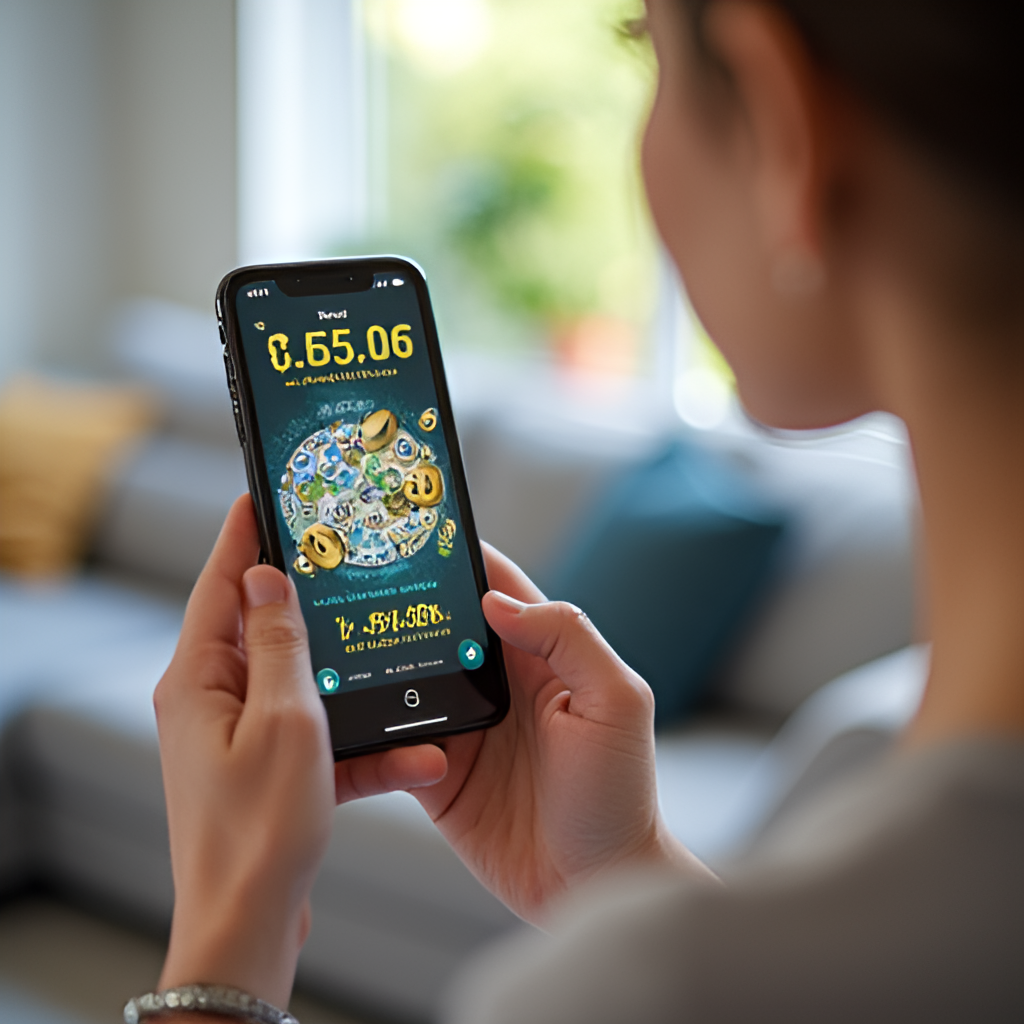 A person in New Zealand looking excitedly at their smartphone screen, displaying winning lotto numbers and a celebratory graphic. The setting is a bright, casual living room.