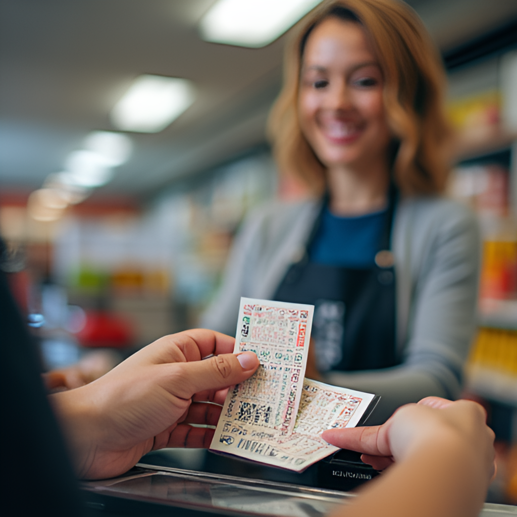 A close-up shot of a physical New Zealand Lotto ticket being scanned by a retailer at a counter, with the retailer smiling and pointing at the screen. Focus is on the ticket and scanner.