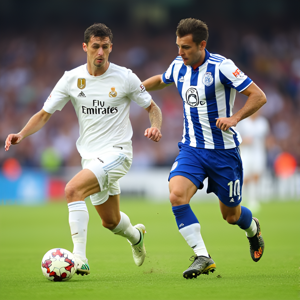 A dynamic action shot of a Real Madrid player in a white kit dribbling past a Real Sociedad player in a blue and white striped kit during a match