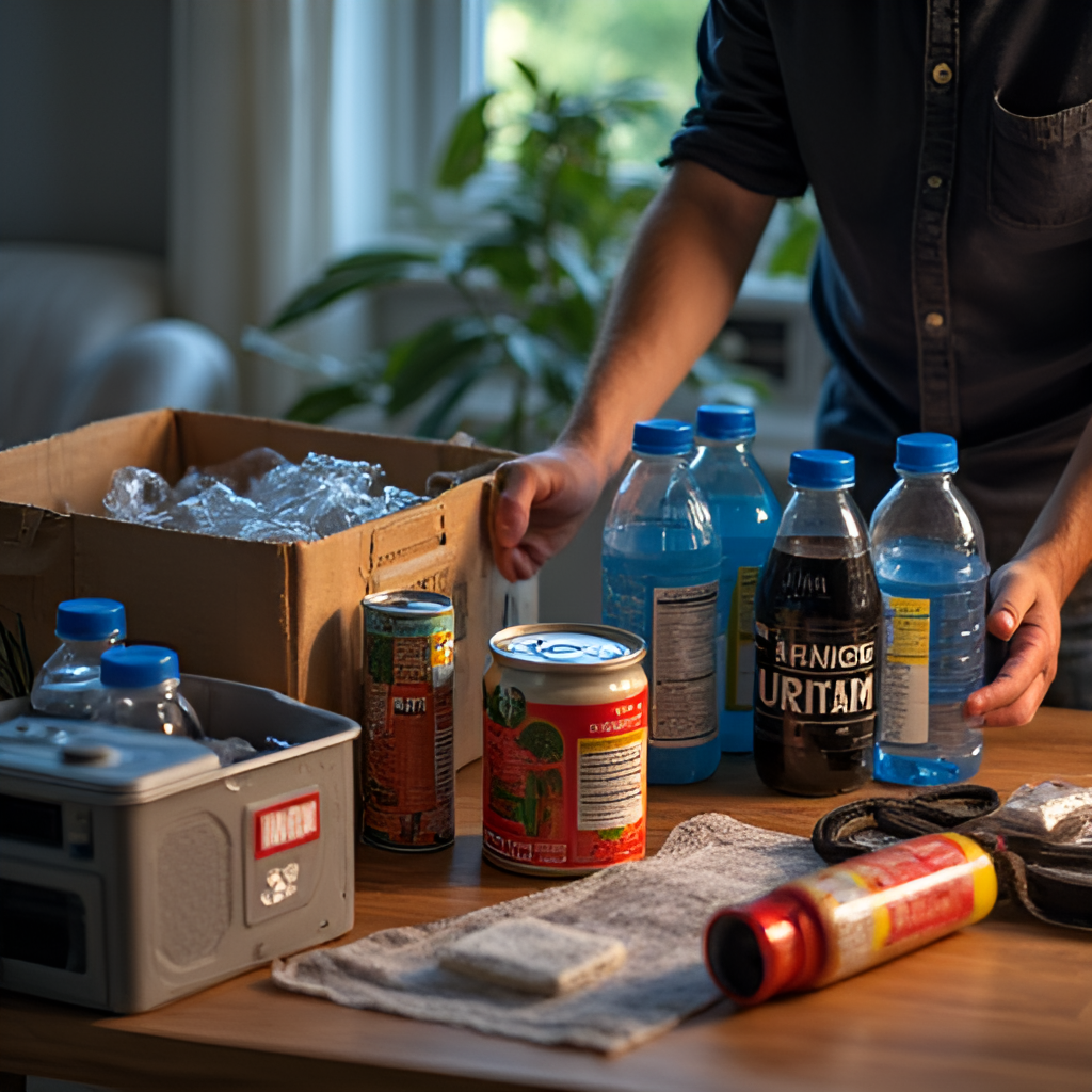 A photo illustrating preparedness for severe weather, showing a person checking emergency supplies in a kit, with items like bottled water, canned food, a torch, and a radio visible on a table.