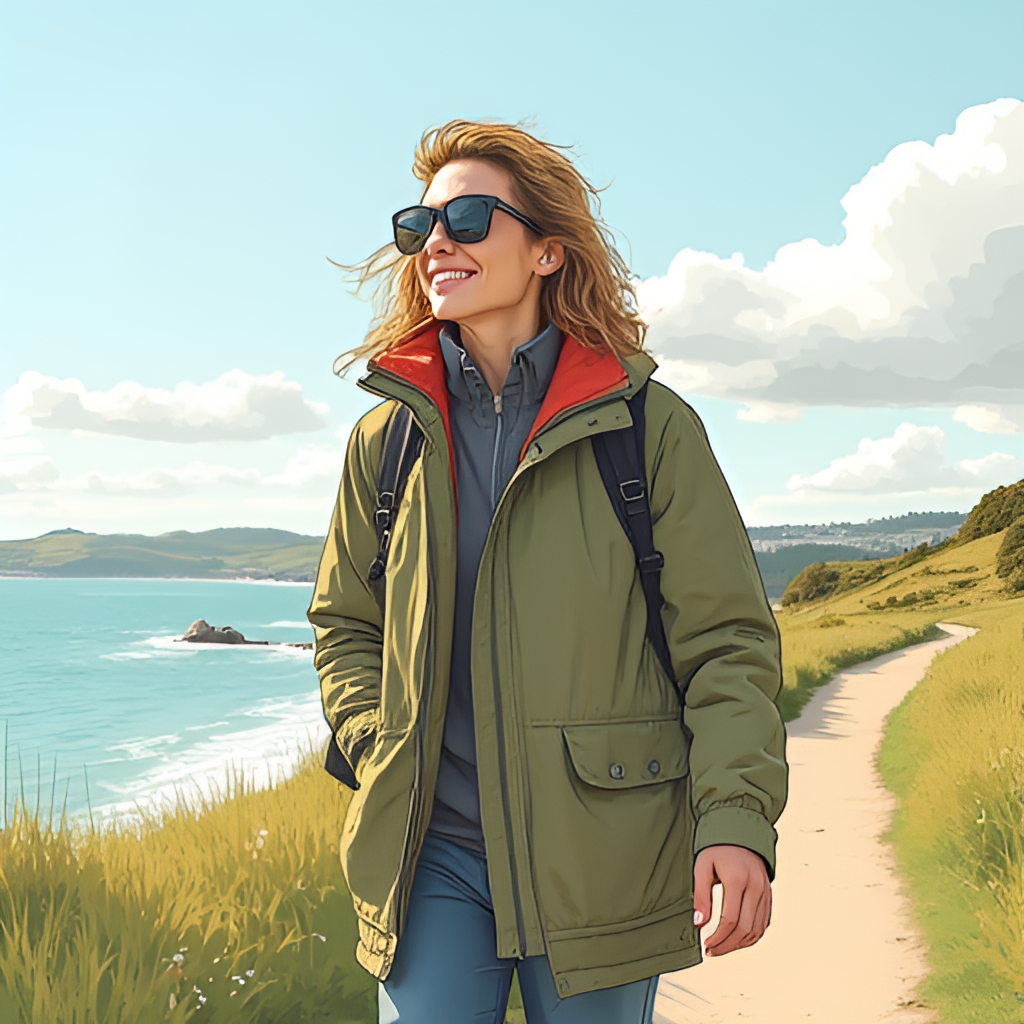 An illustration or photo showing a person dressed in layers (convertible jacket) enjoying an outdoor activity in Auckland, like walking on a coastal path or in a park, with a mix of sun and clouds in the background.