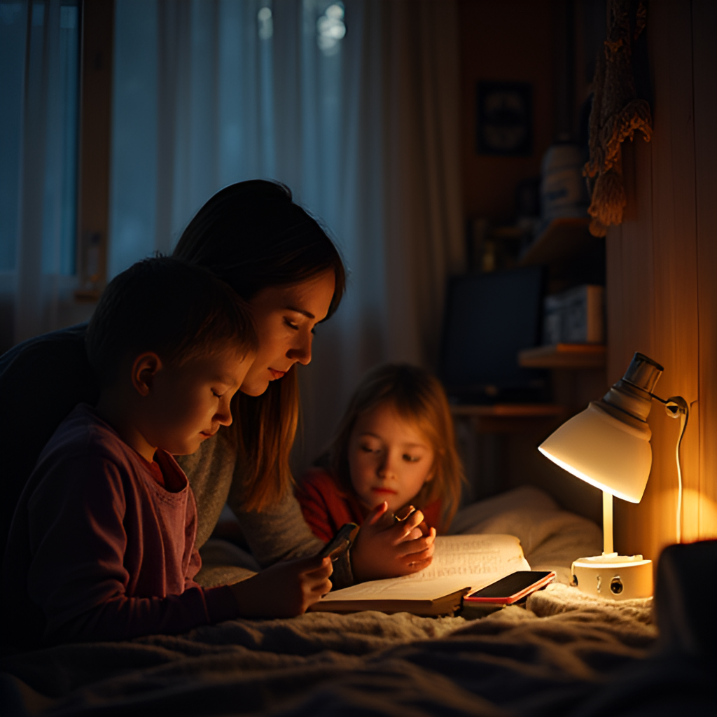 A New Zealand home interior during a power outage, lit by torchlight, showing a family calmly reading by a lamp, with a phone charging on a power bank