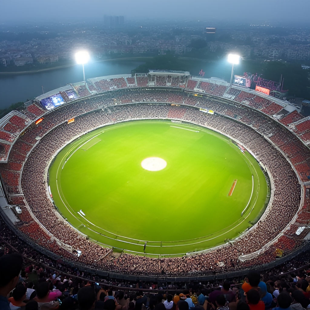An aerial view of the Sawai Mansingh Stadium in Jaipur during an IPL match, highlighting the short boundaries and packed stands, capturing the atmosphere of a high-scoring game.