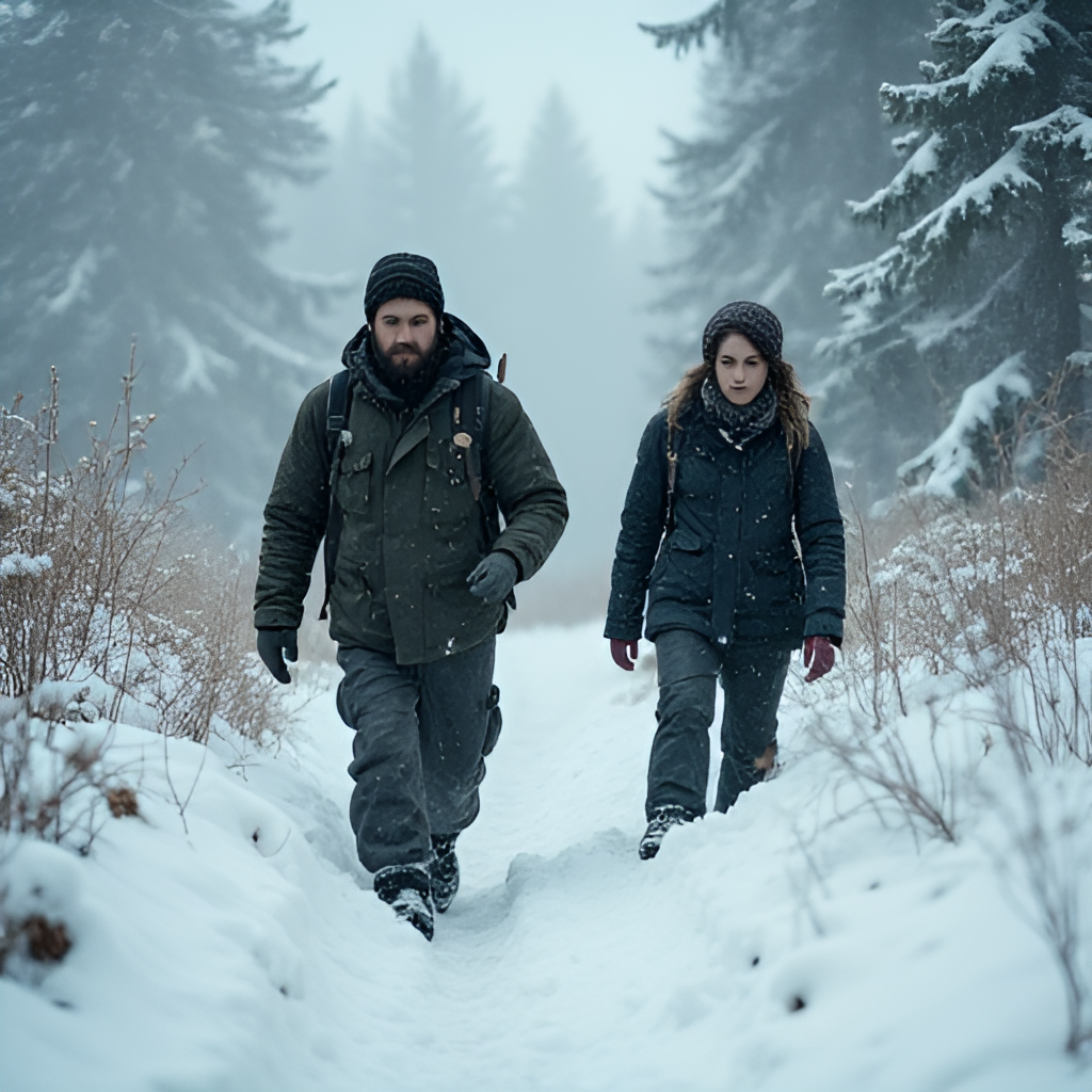 A dynamic shot showing Joel (Pedro Pascal) and Ellie (Bella Ramsey) navigating a snowy, overgrown environment that represents the world of The Last of Us Season 2, possibly near the Jackson settlement or during their journey to Seattle.