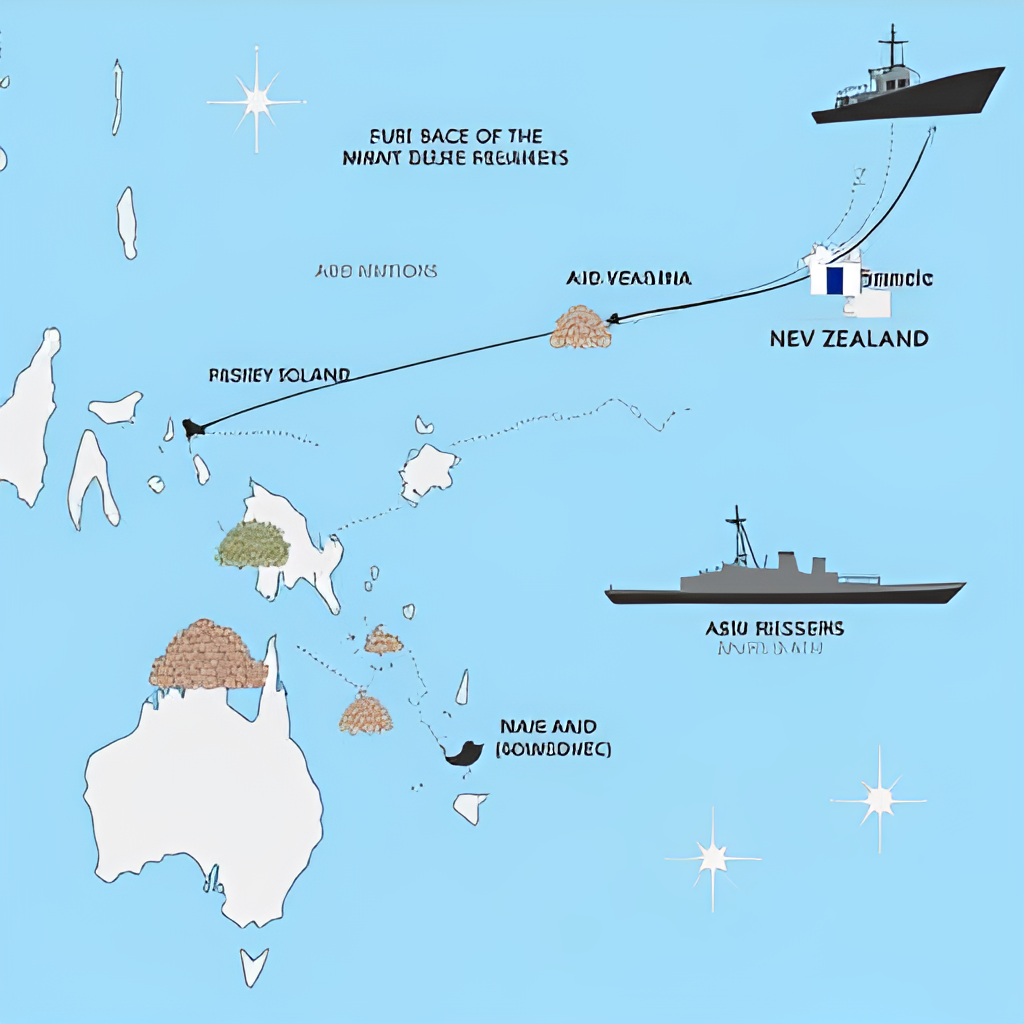 An image depicting cooperation in the Pacific, possibly showing a French and a New Zealand naval vessel or aid supplies being delivered to a Pacific Island nation, with a map highlighting the region.
