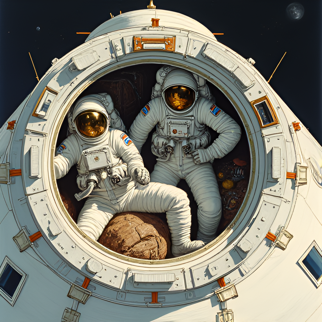 A cutaway illustration of the Apollo Lunar Module (Aquarius) showing three astronauts inside the cramped cabin, highlighting the makeshift carbon dioxide scrubber made from duct tape, plastic bags, and cardboard, with a view towards the small windows showing the Moon or Earth, technical illustration style