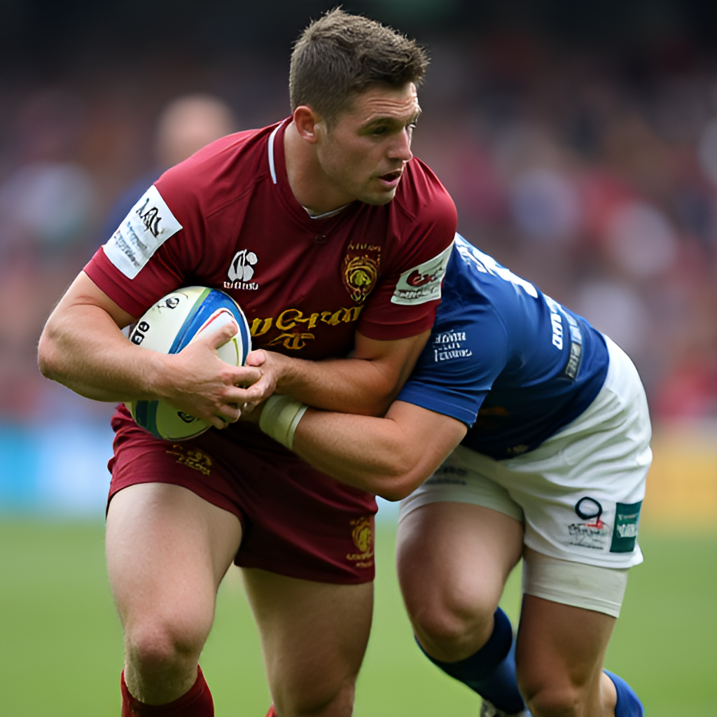 A dynamic close-up action shot of a Queensland Maroons player attempting a tackle on a New South Wales Blues player during a State of Origin game, showing intense physical contact and determination.