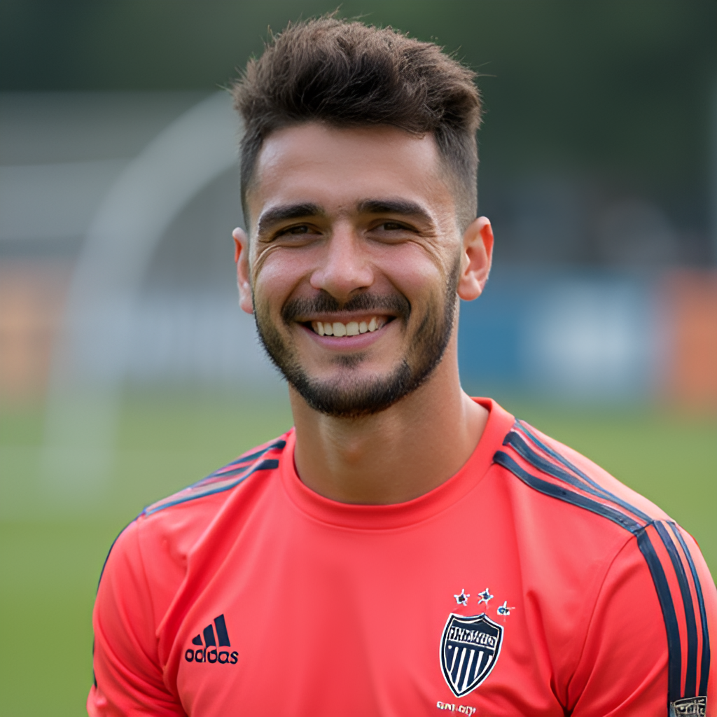 A portrait image of Kosta Barbarouses smiling, perhaps during a training session or post-match interview, wearing a football kit