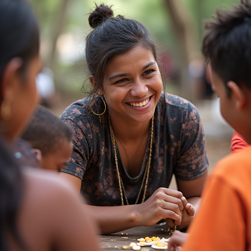 A portrait photo of Latrell Mitchell engaged in community work, perhaps interacting with children or participating in an Indigenous community event, conveying warmth and connection.