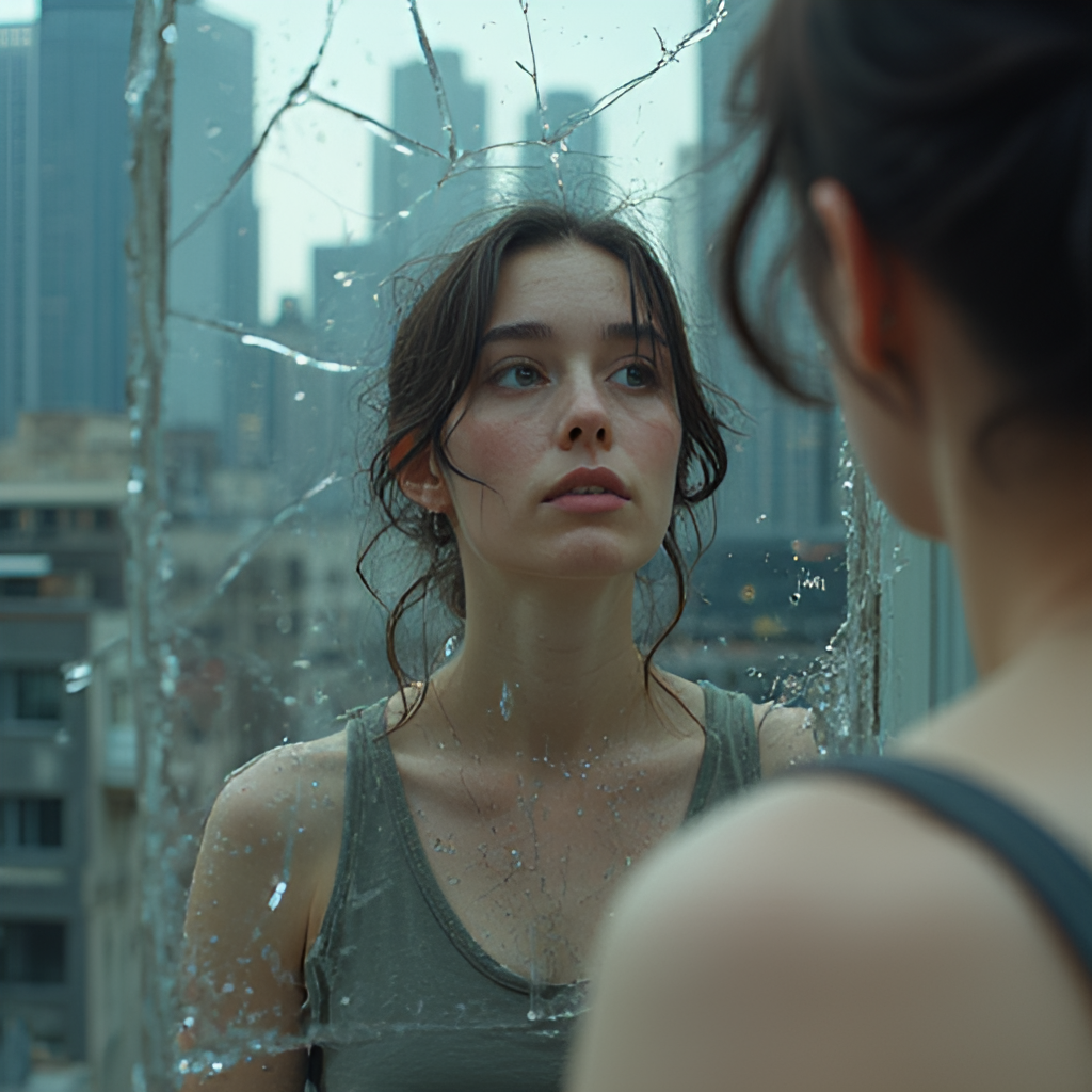 A close-up, slightly distorted image of a person looking into a cracked or fragmented mirror, reflecting a cityscape that appears both advanced and crumbling.