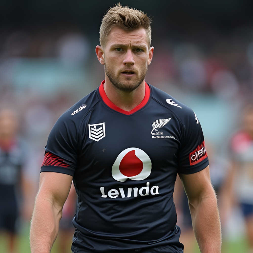 A portrait photo of Mitch Barnett in his New Zealand Warriors jersey, looking determined and focused, perhaps on the field before a game or during a training session.