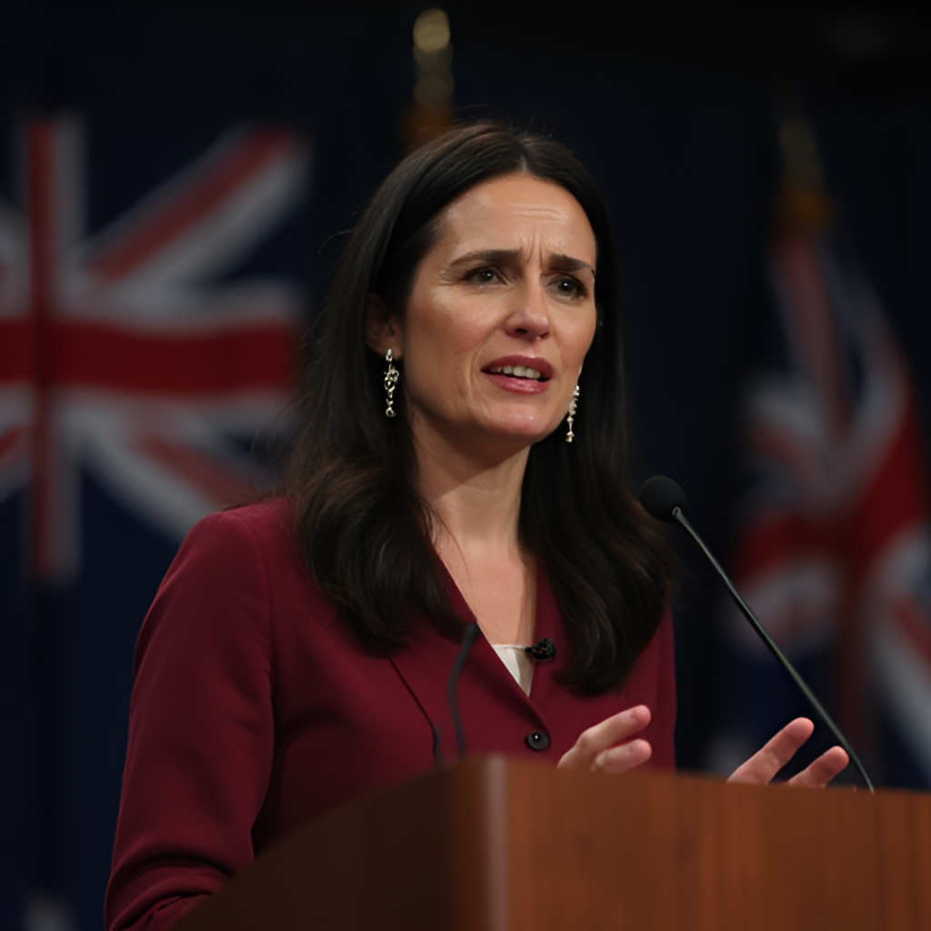 A medium shot of Jacinda Ardern speaking at a podium, conveying empathy and strength through her expression and posture, perhaps with a New Zealand flag subtly in the background. Realistic style.