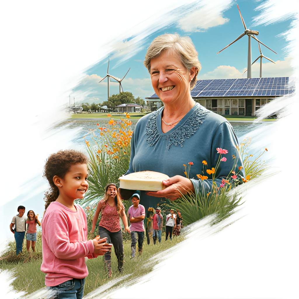 A collage or split image showing scenes representing key policy areas: perhaps a child receiving a free lunch, a wind turbine or solar panels, and a diverse group of New Zealanders, illustrating the breadth of her government's focus. Illustrative style.