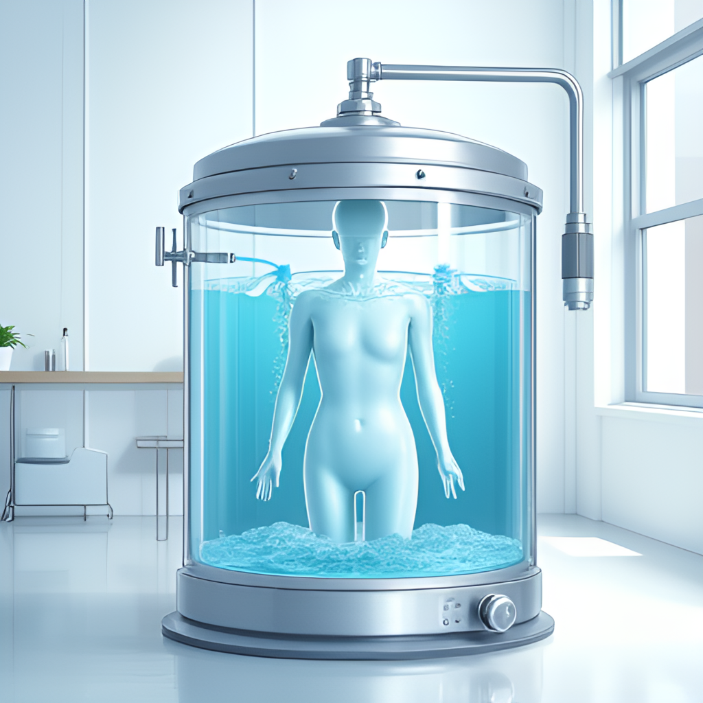 An illustration showing the alkaline hydrolysis process inside a stainless steel resomator vessel, with gentle circulation of water and alkali solution around a body form, set in a clean, modern facility environment.
