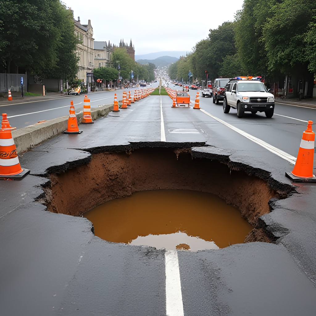A significant sinkhole in a busy urban road in Christchurch, New Zealand, with traffic cones and barriers surrounding it, contractors visible nearby. The road surface is broken, showing a deep cavity filled with muddy water. Overcast day.