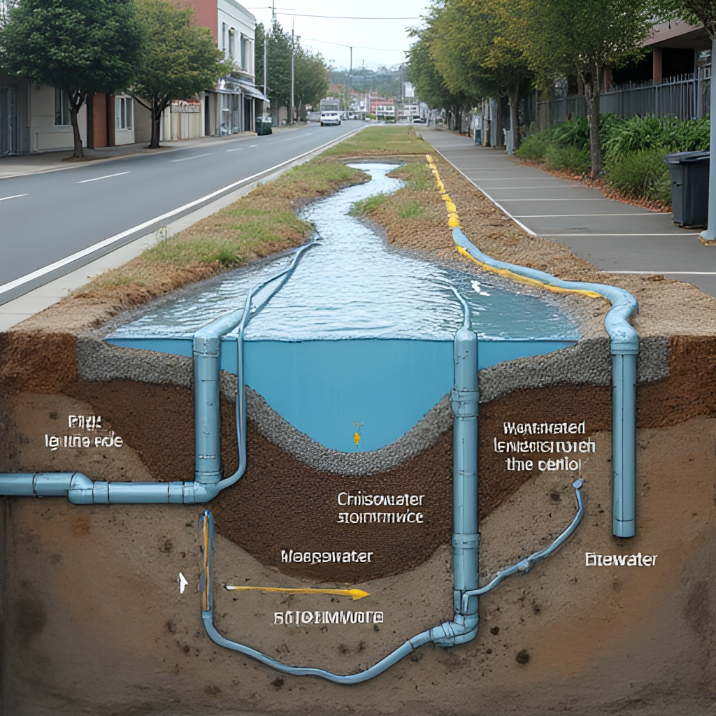 An aerial view illustrating the complex network of underground pipes (representing water, wastewater, stormwater) beneath a typical Christchurch street, highlighting potential points of failure or erosion underneath the road surface.