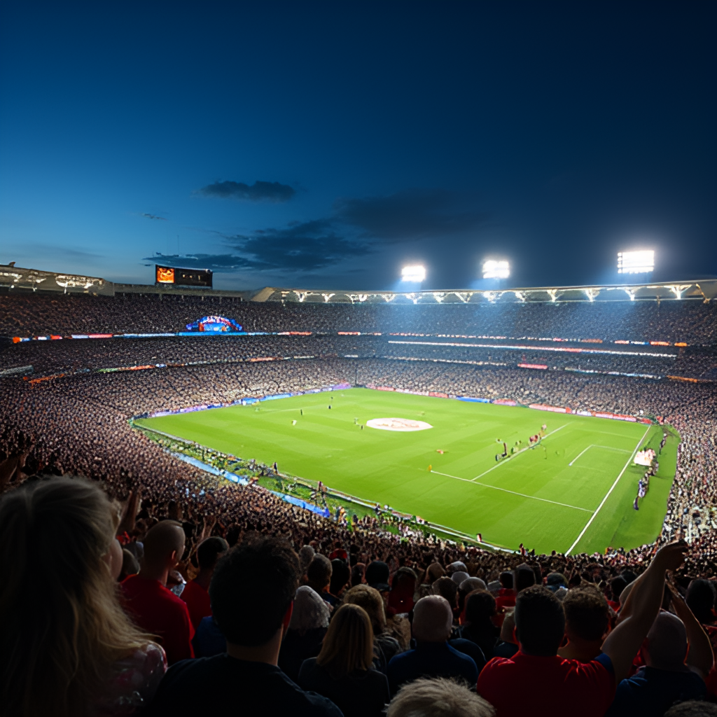 A wide crowd shot capturing the vibrant atmosphere at Sharks Stadium during a night game, with fans cheering and team colours visible in the stands