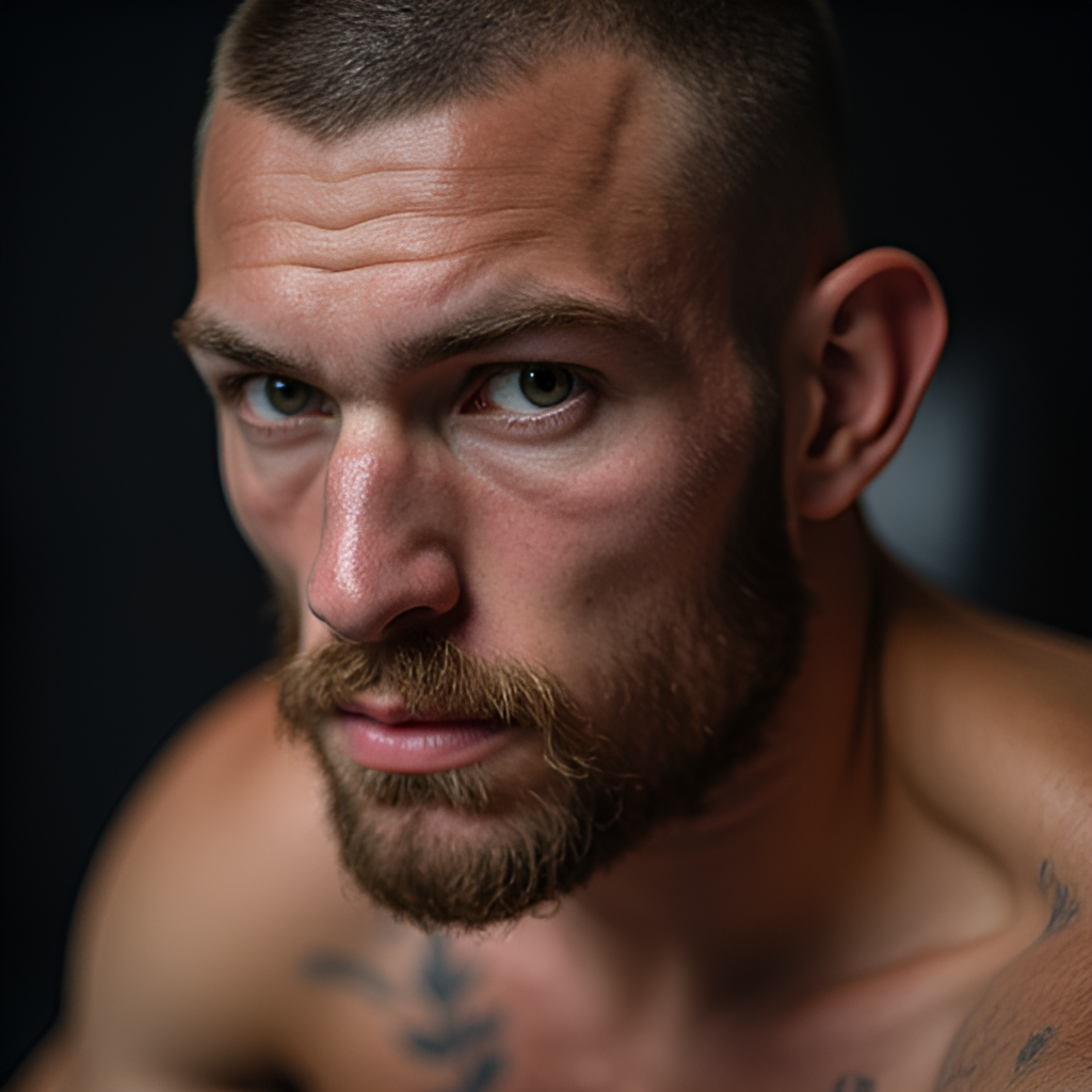 A portrait style close-up of a determined-looking Kiwi MMA fighter, perhaps with a fern symbol subtly visible, showing their focus and athleticism.