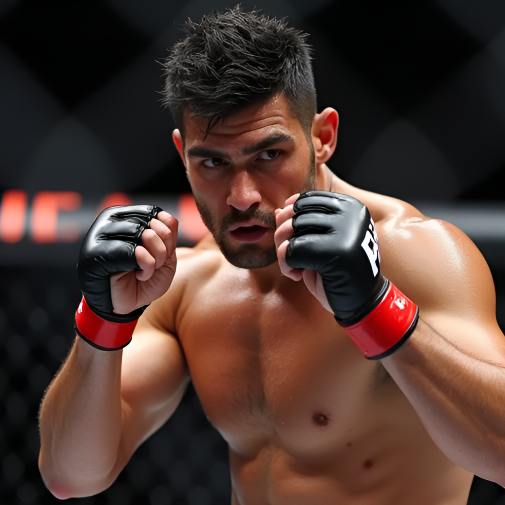 Vicente Luque in an intense moment during a UFC fight, throwing a strike or defending, sweat visible, focus on his determined expression in the octagon.