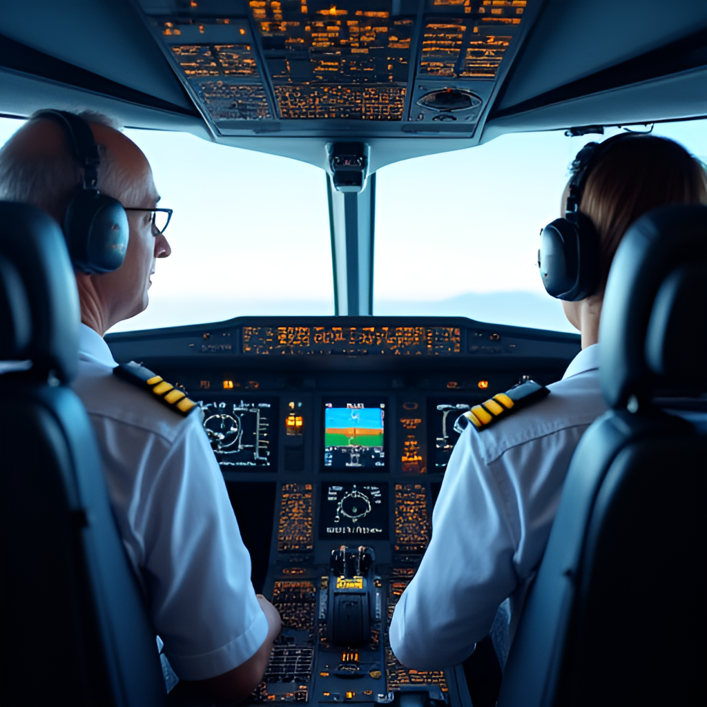 A modern, bright photograph of a pilot and co-pilot in a contemporary cockpit, highlighting teamwork and advanced display technology, symbolising improved aviation safety.