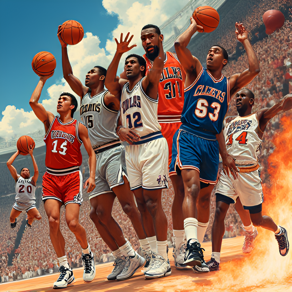 A vibrant, dynamic illustration showing a collage of iconic NBA moments and players throughout history, including vintage and modern styles, capturing the energy of the game