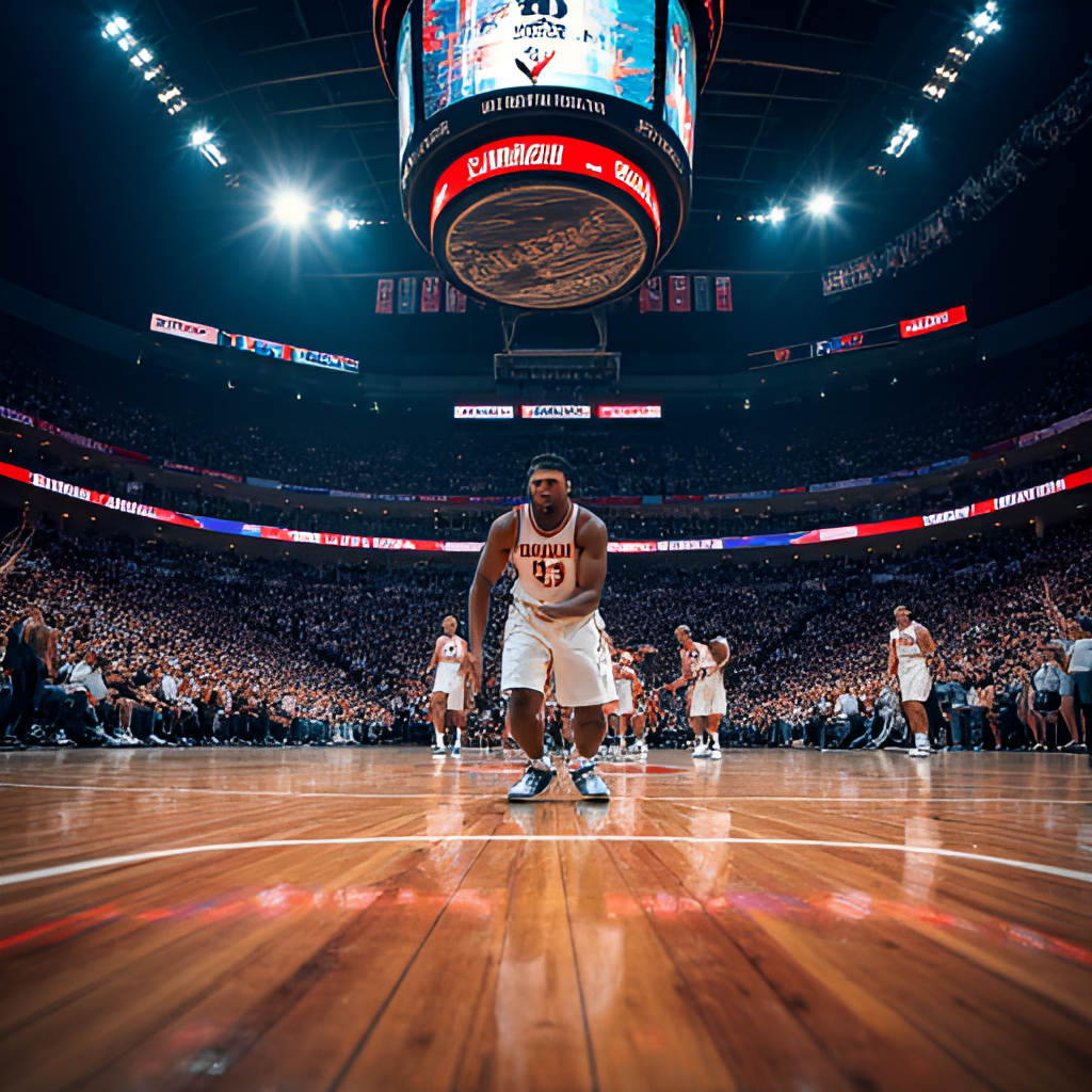 A wide-angle shot of a packed NBA arena during a close game, focusing on the intensity of the players on the court and the cheering crowd in the background, capturing the atmosphere of live NBA basketball