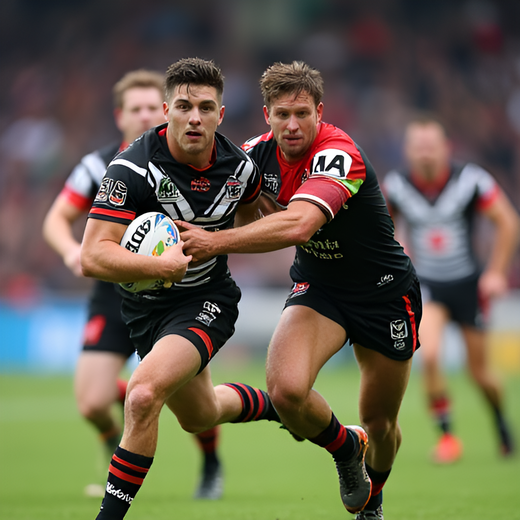 A dynamic, action-packed shot of a New Zealand Warriors player making a powerful run, breaking through a tackle attempt by a Penrith Panthers player during a rugby league match, showing determination and physicality.