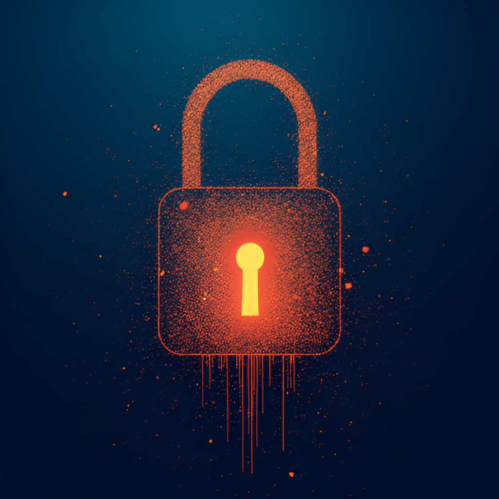 An abstract representation of data points flowing out of a lock icon, illustrating a massive data leak. Style: Digital illustration, deep blue and orange color palette.