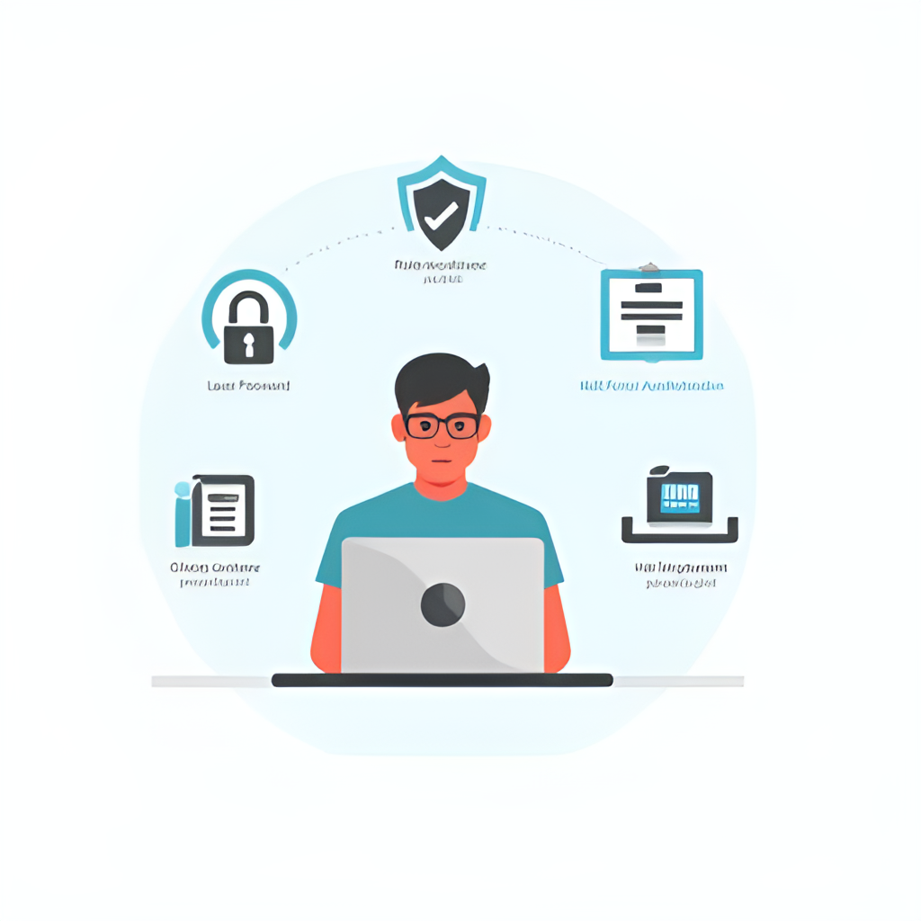 A graphic showing a person checking their laptop with various security icons surrounding them (lock, shield, multi-factor authentication), representing checking for leaked passwords and taking protective steps. Style: Modern flat design illustration, bright and clean.