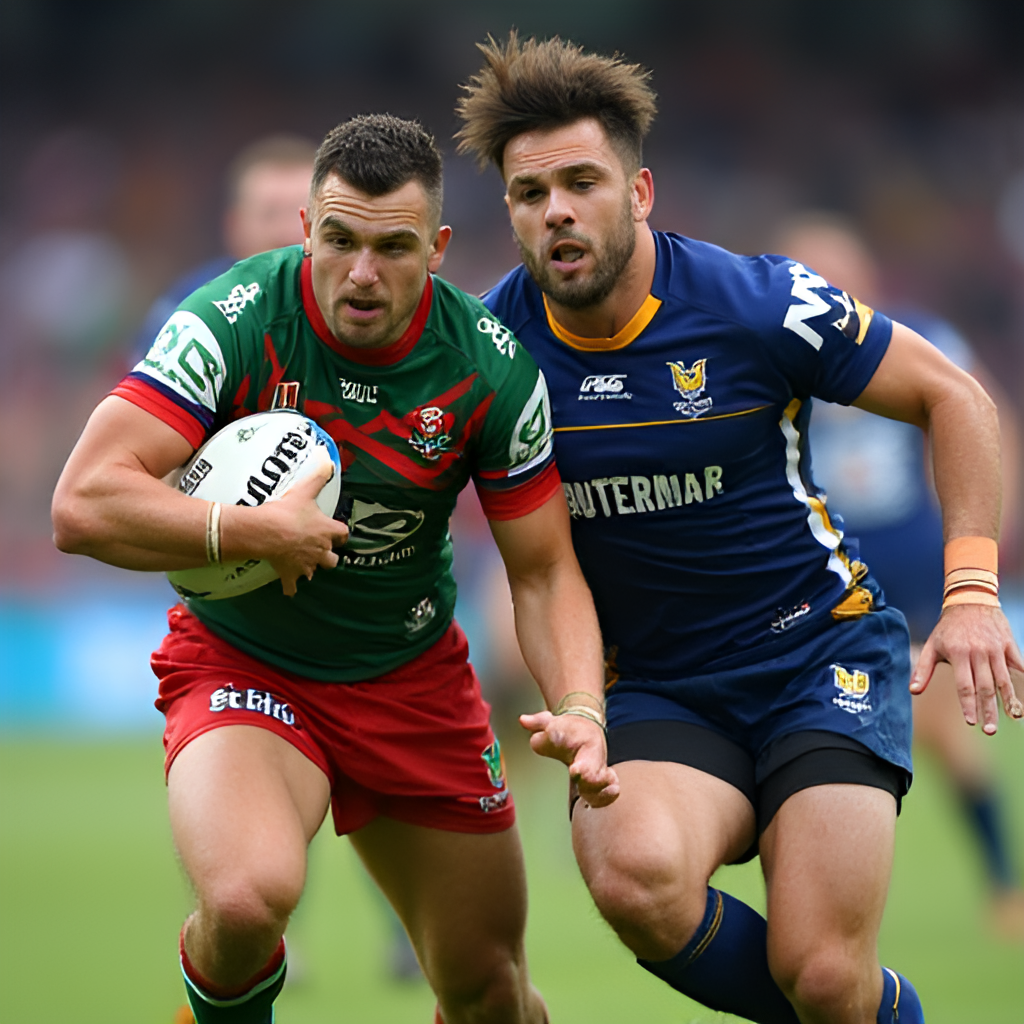 A dynamic close-up photo showing two key players, one from the Rabbitohs and one from the Storm, in a contest for the ball or during a tackle, highlighting the intensity and physical nature of the rivalry.